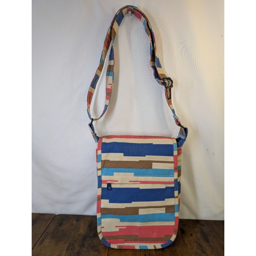 KAVU Keeper Crossbody Bag Canvas Stripe Multicolor Blue Red Brown Low Profile